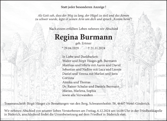 Traueranzeige von Regina Burmann von NNA