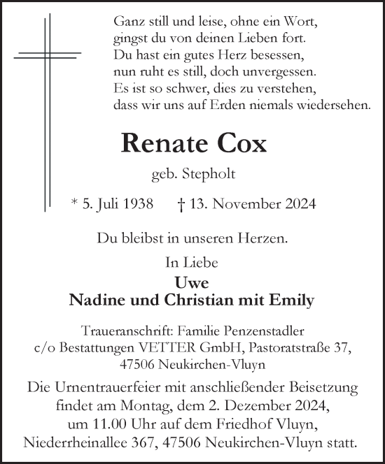 Traueranzeige von Renate Cox von NNA