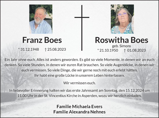 Traueranzeige von Roswitha und Franz Boes von NNA