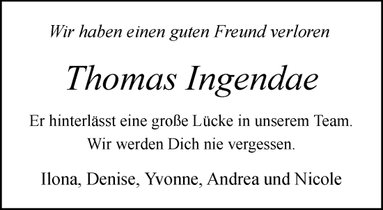 Traueranzeige von Thomas Ingendae von NNA