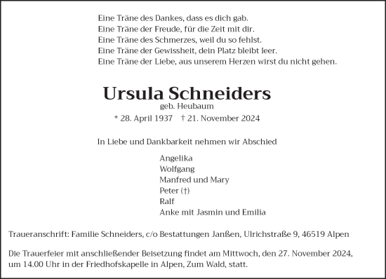 Traueranzeige von Ursula Schneiders von NNA