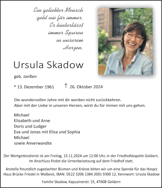 Traueranzeige von Ursula Skadow von NNA