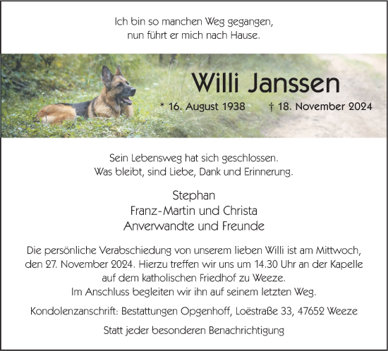 Traueranzeige von Willi Janssen von NNA