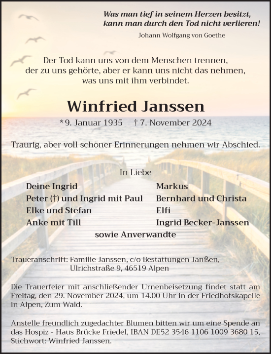 Traueranzeige von Winfried Janssen von NNA