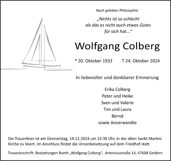 Traueranzeige von Wolfgang Colberg von NNA