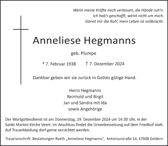 Traueranzeige von Anneliese Hegmanns von NNA