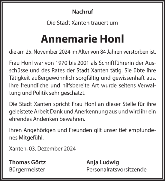 Traueranzeige von Annemarie Honl von NNA