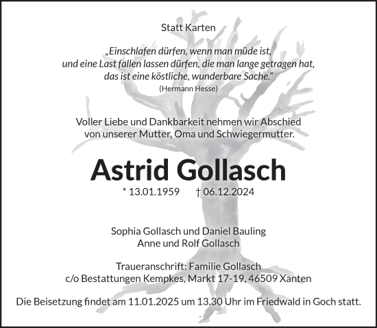 Traueranzeige von Astrid Gollasch von NNA