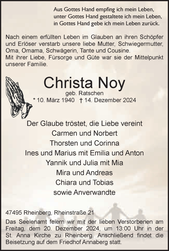 Traueranzeige von Christa Noy von NNA