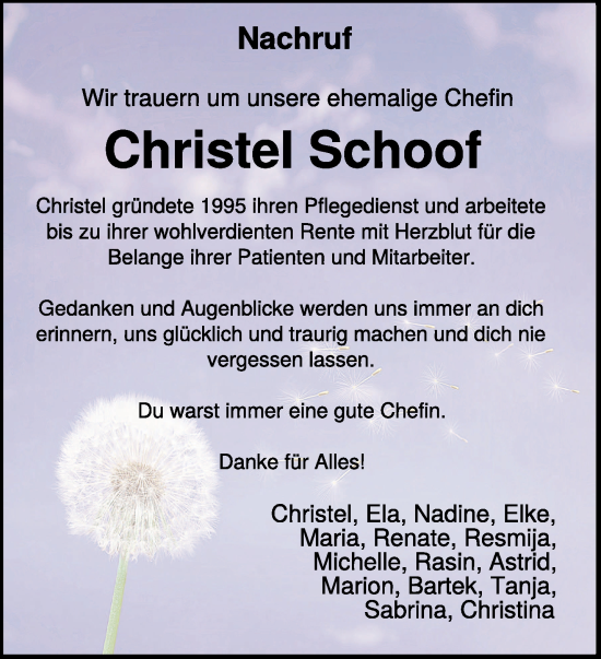 Traueranzeige von Christel Schoof von NNA