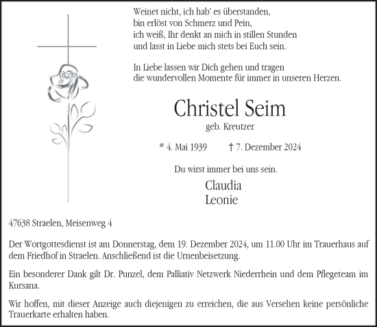 Traueranzeige von Christel Seim von NNA