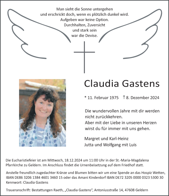 Traueranzeige von Claudia Gastens von NNA