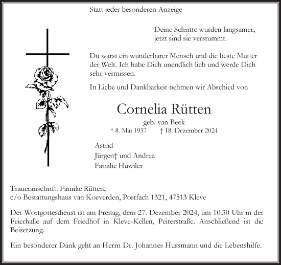 Traueranzeige von Cornelia Rütten von NNA