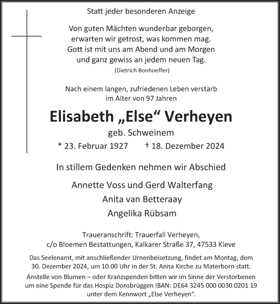 Traueranzeige von Elisabeth  Verheyen von NNA