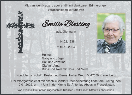 Traueranzeige von Emilie Blesting von NNA