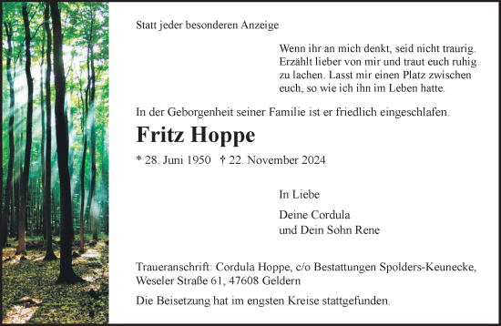 Traueranzeige von Fritz Hoppe von NNA