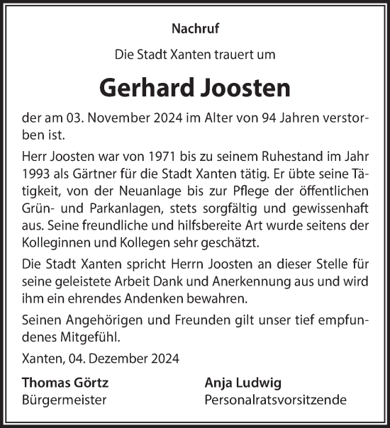 Traueranzeige von Gerhard Joosten von NNA