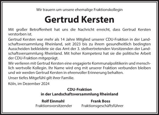 Traueranzeige von Gertrud Kersten von NNA