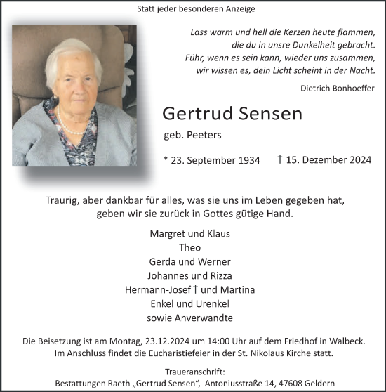 Traueranzeige von Gertrud Sensen von NNA