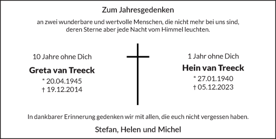 Traueranzeige von Greta und Hein van Treeck von NNA