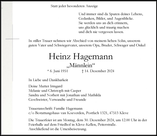 Traueranzeige von Heinz Hagemann von NNA