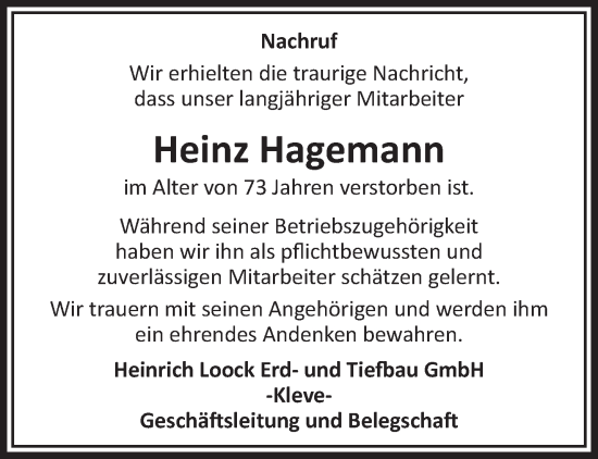 Traueranzeige von Heinz Hagemann von NNA