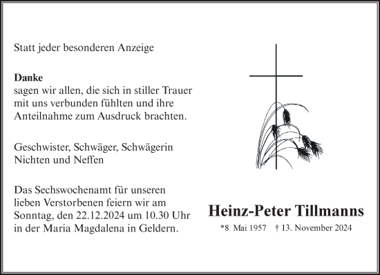 Traueranzeige von Heinz-Peter Tillmanns von NNA