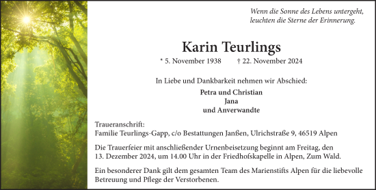 Traueranzeige von Karin Teurlings von NNA