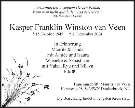 Traueranzeige von Kasper Franklin Winston van Veen von NNA