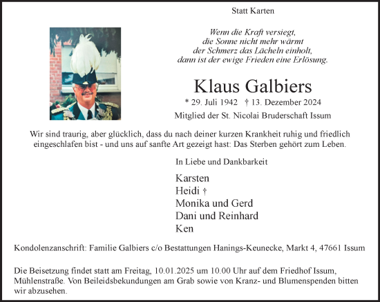 Traueranzeige von Klaus Galbiers von NNA