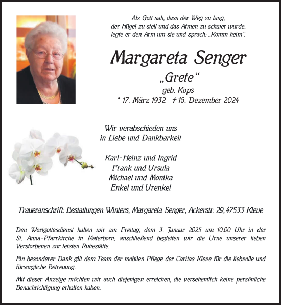 Traueranzeige von Margareta Senger von NNA