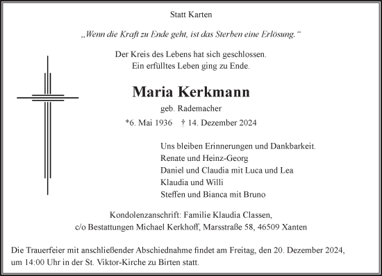 Traueranzeige von Maria Kerkmann von NNA