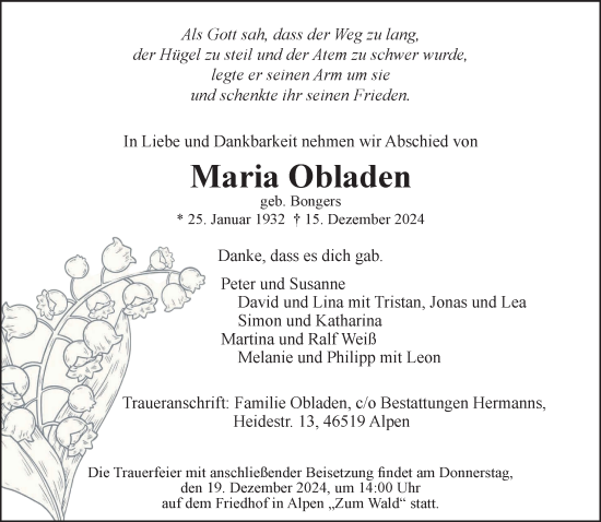 Traueranzeige von Maria Obladen von NNA