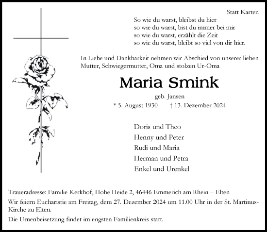 Traueranzeige von Maria Smink von NNA