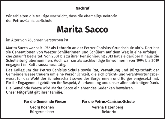 Traueranzeige von Marita Sacco von NNA