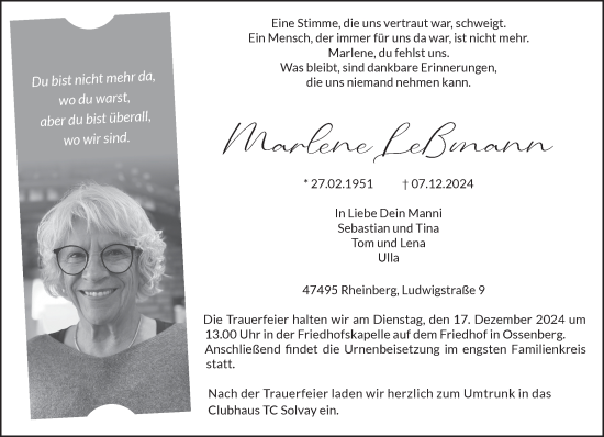 Traueranzeige von Marlene Leßmann von NNA