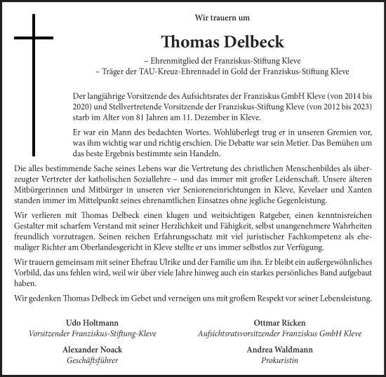 Traueranzeige von Thomas Delbeck von NNA