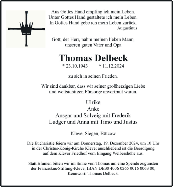 Traueranzeige von Thomas Delbeck von NNA