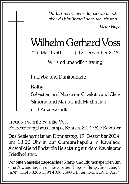 Traueranzeige von Wilhelm Gerhard Voss von NNA