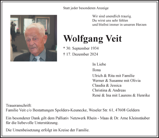 Traueranzeige von Wolfgang Veit von NNA