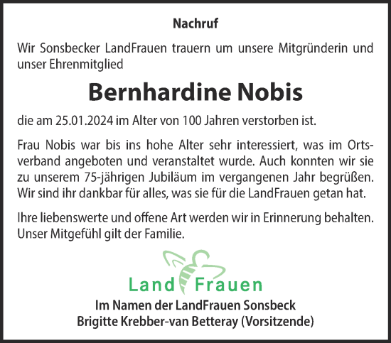 Traueranzeige von Bernhardine Nobis von NNA