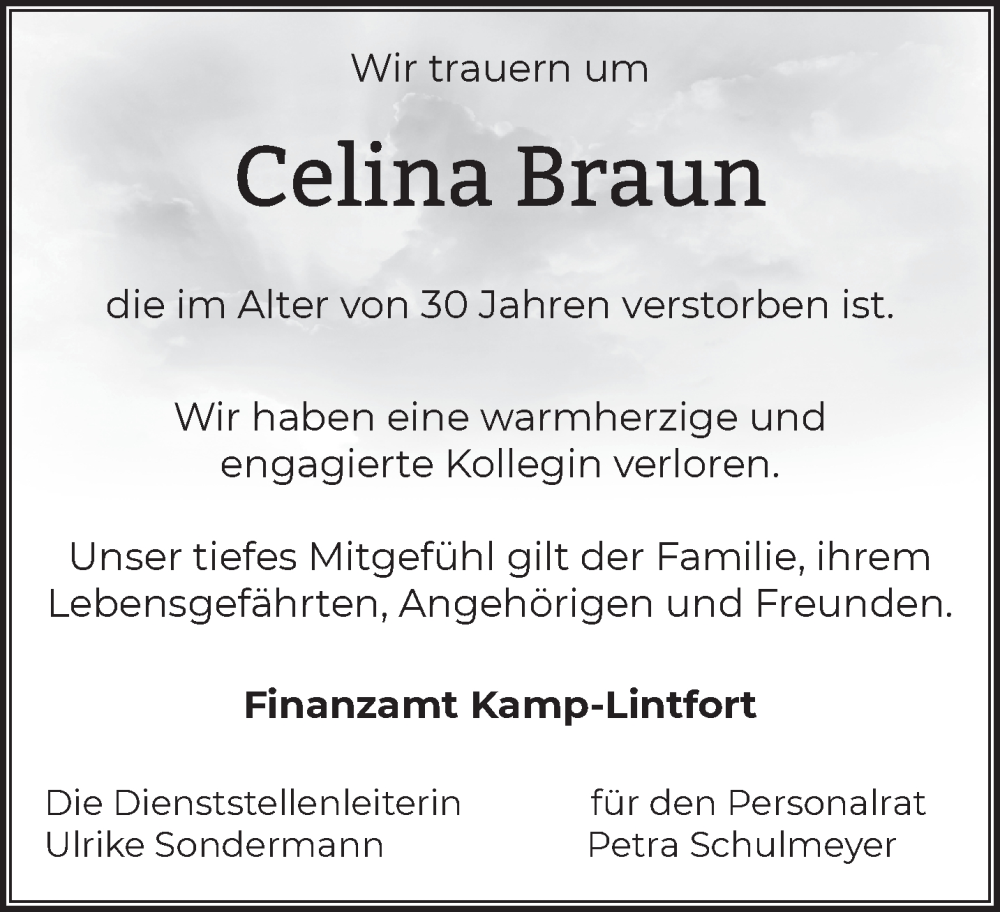  Traueranzeige für Celina Braun vom 03.02.2024 aus NNA