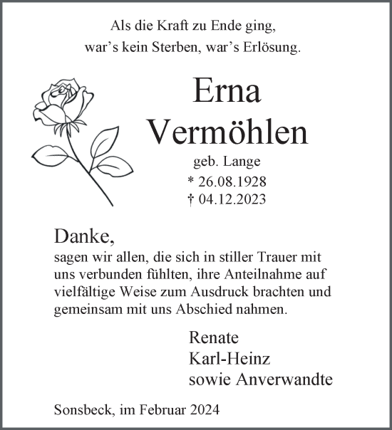 Traueranzeige von Erna Vermöhlen von NNA