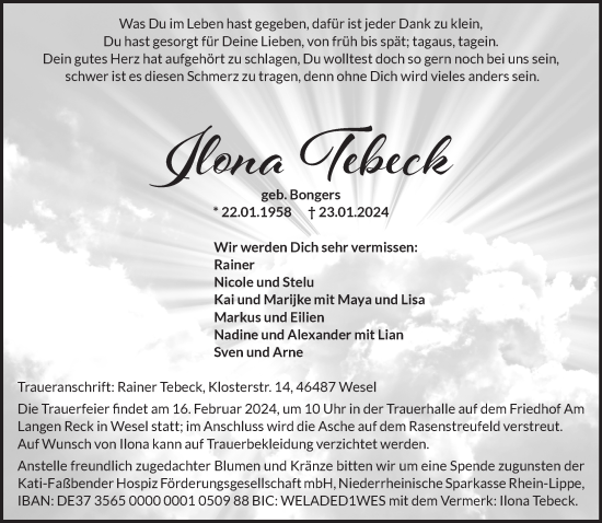 Traueranzeige von Ilona Tebeck von NNA