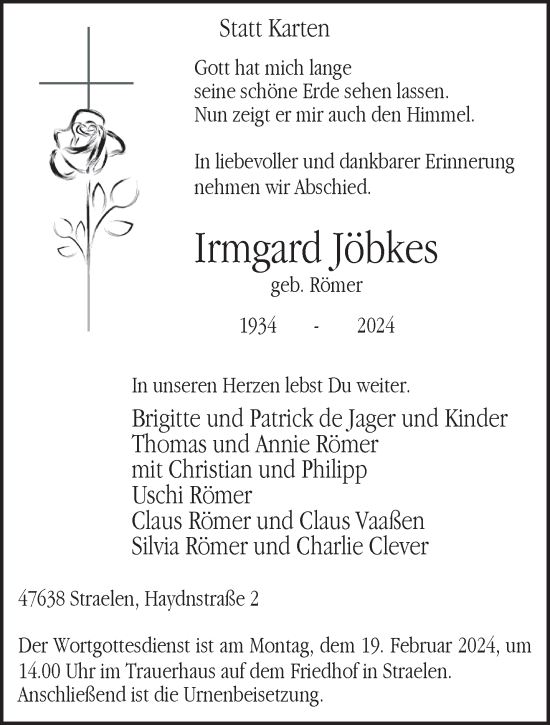 Traueranzeige von Irmgard Jöbkes von NNA