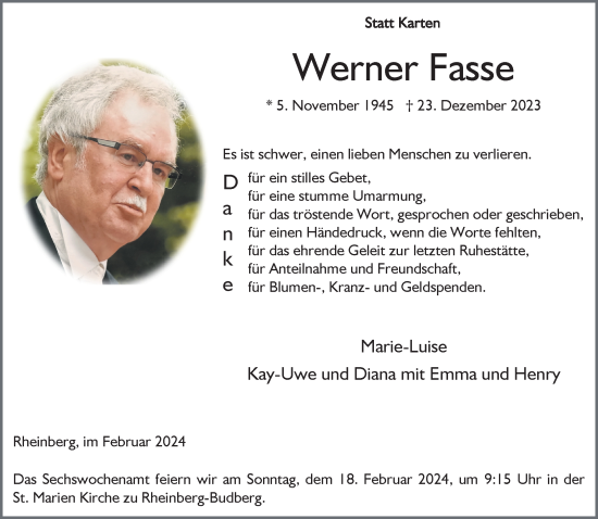 Traueranzeige von Werner Fasse von NNA