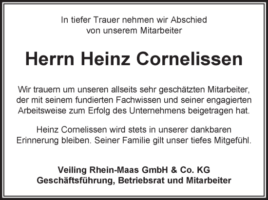 Traueranzeige von Heinz Cornelissen von NNA