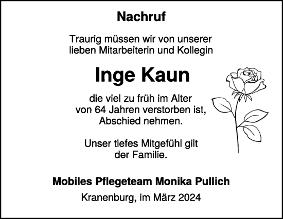 Traueranzeige von Inge Kaun von NNA