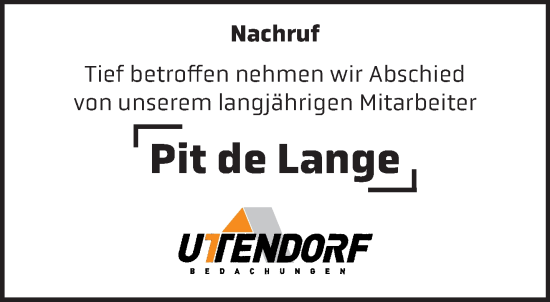 Traueranzeige von Pit de Lange von NNA