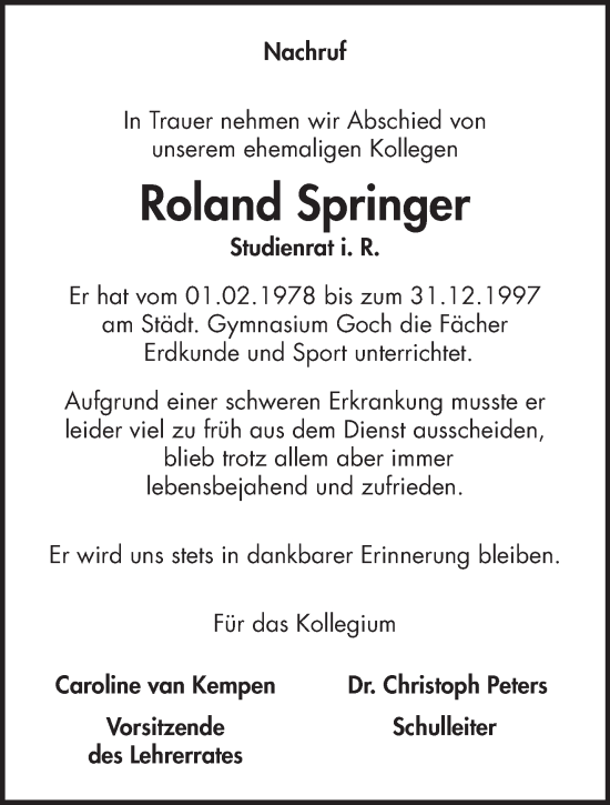 Traueranzeige von Roland Springer von NNA